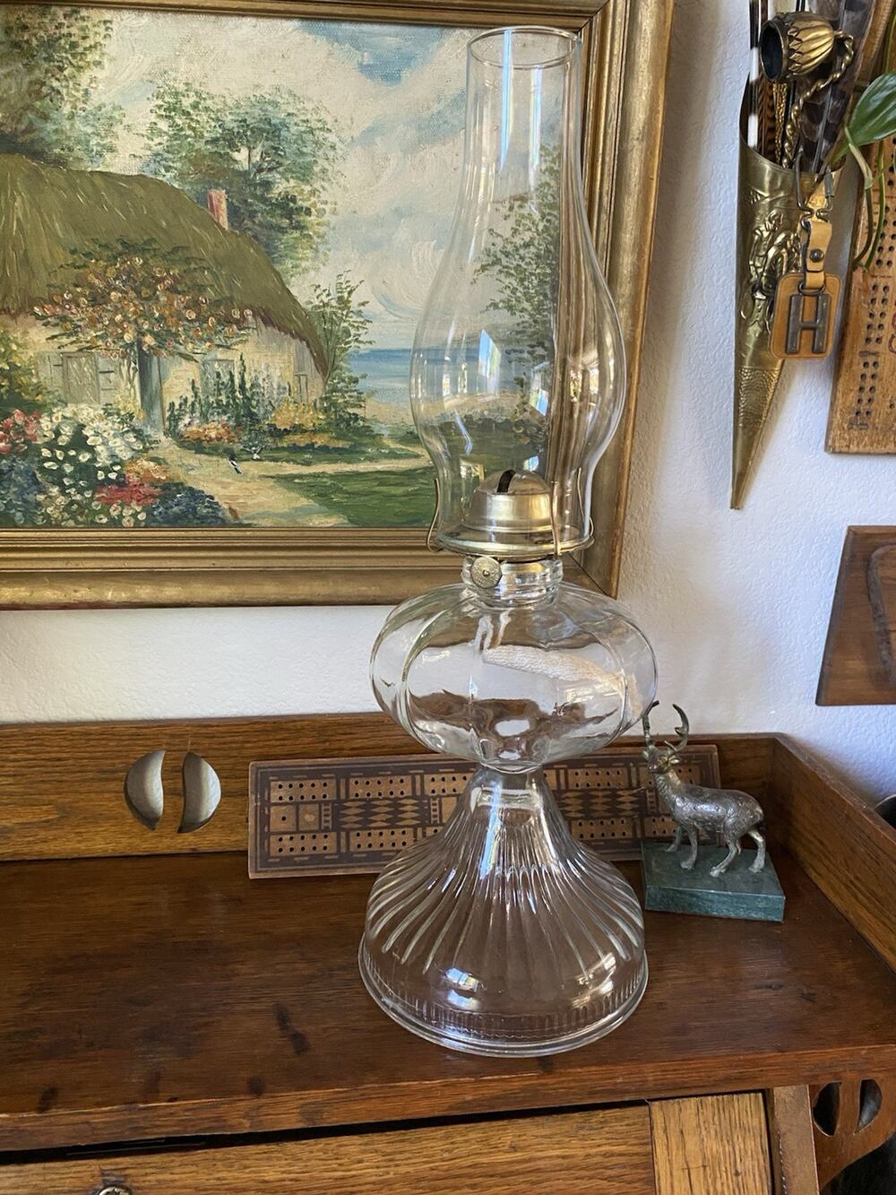 Vintage Clear Glass Oil Lamp Large Ribbed Base With Glass Chimney